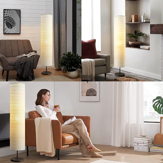 Modern Floor Lamp, Dimmable 3 Levels Brightness Paper Tall Lamp Standing Lamps with Lampshade, 55'' Minimalist Floor Lamps for Office, Kids Room, Reading, Home Decor (White)