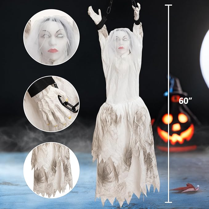 HollyHOME Animated Hanging Bride Ghost Halloween Decor - Glowing Eyes, Creepy Sounds & Shaking Body, Outdoor Scary Haunted House Prop and Yard Decoration 60 Inch