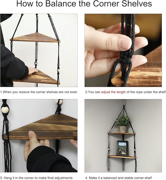 Artilady Black Corner Shelf Wall Hanging - 2 Tier Wood Floating Shelves, Rustic Boho Wall Shelf Decor Hand Woven Cotton Rope Storage Rack for Plants Pots Photo Frames (Black)