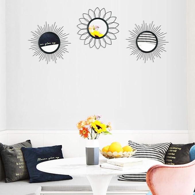 3 Pack Metal Mirrors for Wall Sunburst Wall Mirrors Home Décor Decorative Hanging Wall Art for Living Room Bedroom Entryway (Black, Flower+Sunburst)
