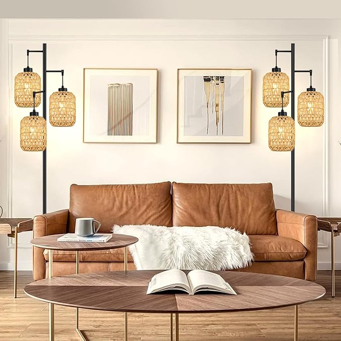 Floor Lamp for Living Room,Bedroom,Boho Rattan Tree 3 Lights Farmhouse Floor Lights,Industrial Black Standing Lamp Wicker Rustic Tall Lamp,Woven Bamboo LampShade Floor Lamps Bohemian