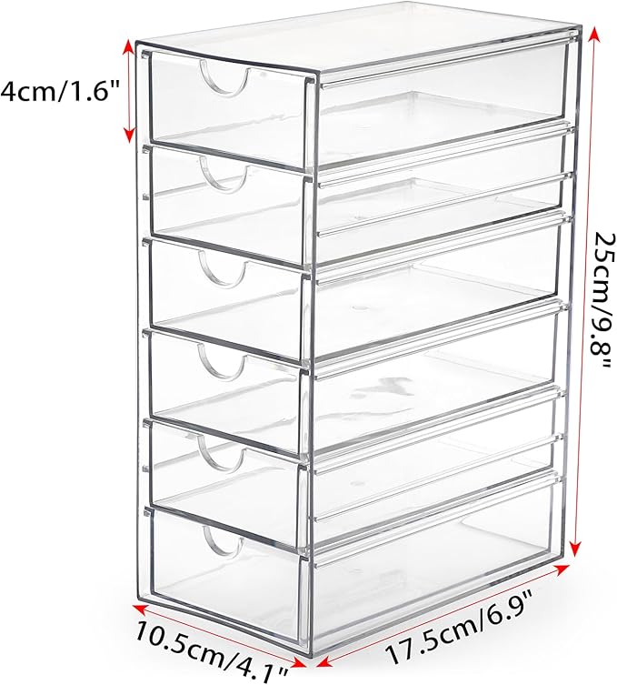 Hipiwe Plastic Drawer Organizer Clear Desktop Drawers Box with 6 Pull Out Drawer Compact Storage Box for Cabinet Vanity Bathroom Bedroom Pantry Shelf Office or Closet Organization