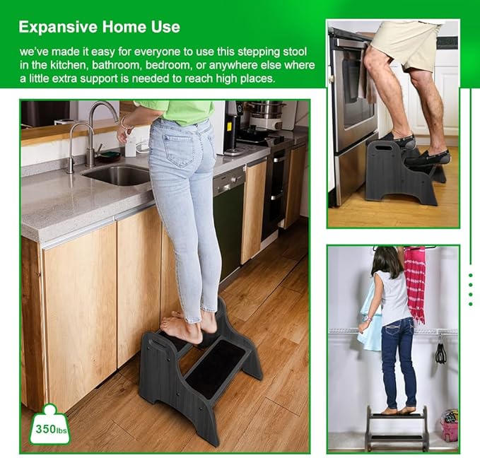 StrongTek Wood 2 Step Stool for Kids with Non-Slip Stepping Surface, Portable Handles, Skid Resistant Foot Pads, and 300 lbs. Capacity, Multipurpose Heavy-Duty Support (Espresso)