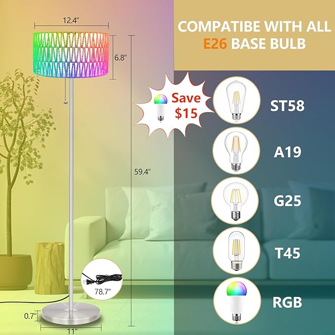 Floor Lamp for Living Room with App Remote Control and Dimmable Bulb(16 Million Colors Temperatures),Rattan & Fabric Double Shades Farmhouse Lamps,Boho Standing Tall Bedroom,Office