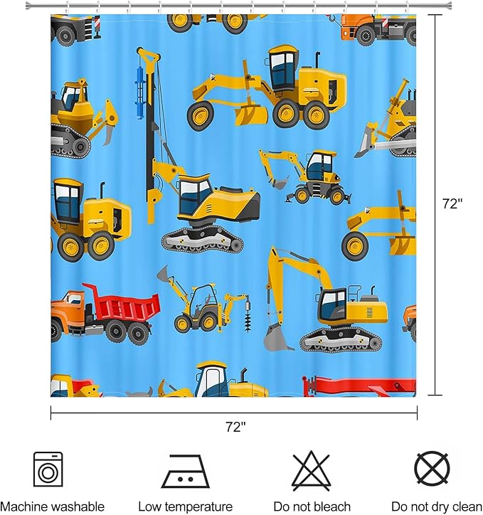 Construction Vehicles Shower Curtain for Kids Yellow Truck Excavator Tractor Cars Blue Boys Bathroom Curtain Waterproof Polyester Fabric Bath Curtain 72 x 72 Inch with 12 Plastic Hooks