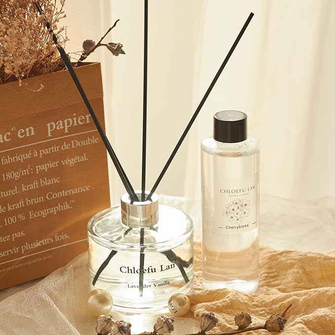 Chloefu LAN Cherry Blossoms Reéd Diffuser Refill 200ml/6.76 fl oz Natural Essential Scented Oil, Best for Aromatherapy, SPA and Home, 0% Alcohol