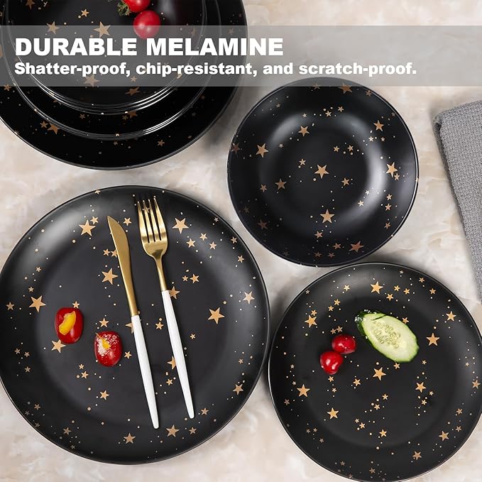 Black Melamine Dinnerware Sets - 12pcs Plates and Bowls Sets, Unbreakable Camping Dishes Set for 4, Indoor and Outdoor Use Non-breakable Dinner Set - Star