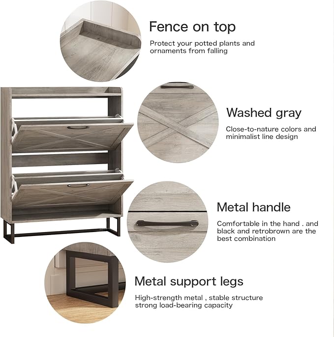 Maupvit Shoe Cabinet with 2 Flip Drawers, Freestanding Shoe Cabinet Organizer with Metal Legs, Shoes Storage Cabinet for Entryway, Narrow Shoe Rack Cabinet, Washed Gray
