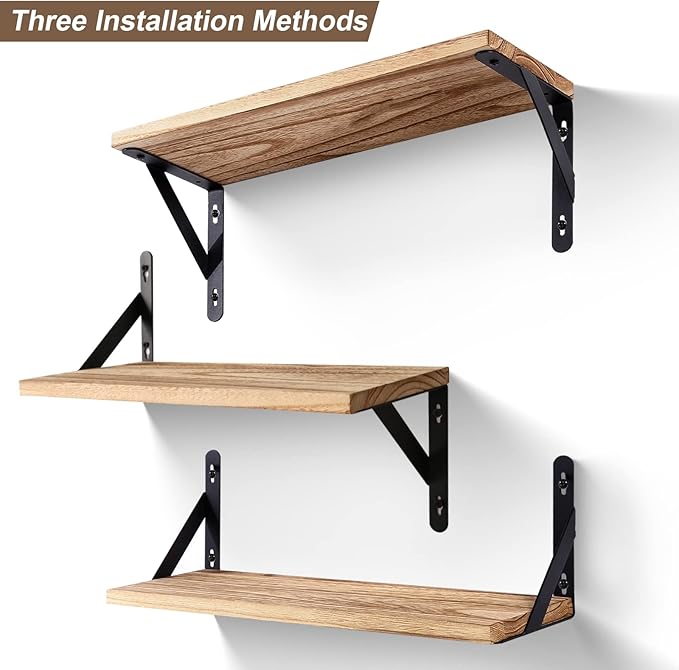 AGM Floating Shelves, Bathroom Shelf Set of 2, Rustic Wood Wall Mounted Shelf for Storage&Room Decor, Floating Shelf for Plants, Book, Bathroom, Bedroom, Kitchen, Office, Living Room(Light Brown)