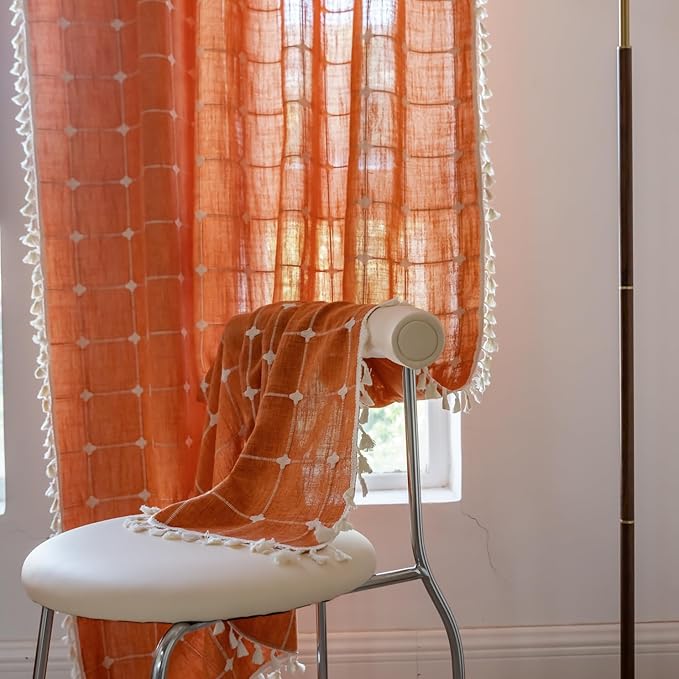 Sutuo Home Boho Curtains Plaids for Bedroom, Semi Blackout Linen Farmhouse Tassels Window Treatment Bohemian Embroidery Drape for Fall Halloween Decor, Rod Pocket 1 Panel 52" W x 84" L, Burnt Orange