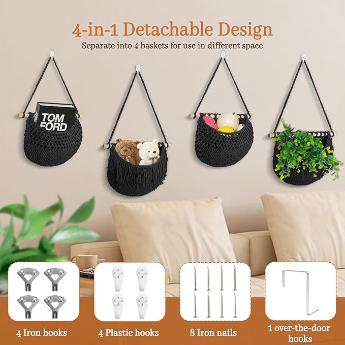 4 Tier Hanging Fruit Basket for Kitchen, 4 Pack Detachable Cotton Crocheted Wall Hanging Baskets Shelf Over Door Organizer for Fruit Veggie Plant, Hanging Storage Basket for Bathroom Bedroom(Black)