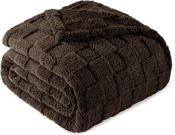 Exclusivo Mezcla Twin Size Flannel Fleece Blanket, Super Soft and Warm Lightweight Checkered Pattern Blankets for All Seasons, 60x80 Inches, Coffee