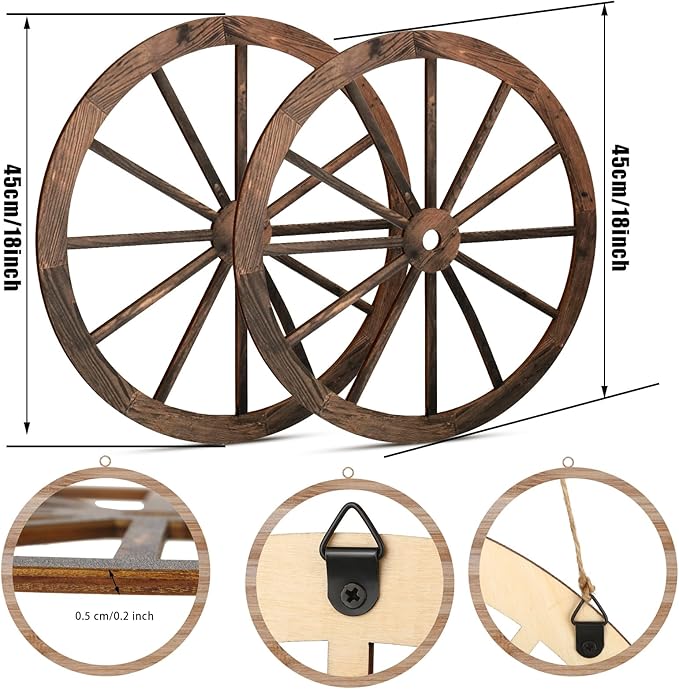 2 Pcs Wagon Wheel Decor Wooden Western Cowboy Party Decorations Vintage Rustic Wagon Wheel Wood Cartwheel Decor for Bar Garage Indoor Outdoor (Brown,18 Inch)