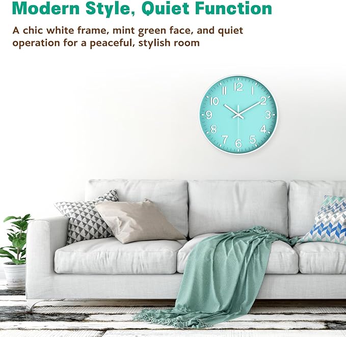Modern Wall Clock Silent Non-Ticking – Coral Green Analog Wall Clock Battery Operated for Living Room, Kitchen, Bedroom, Office – Stylish Wall Decor for Home, 10 Inch