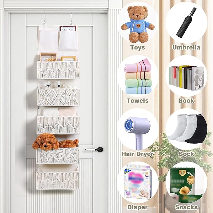 ANTIS'S HOME Over The Door Organizer Boho Decor Storage with 5 Large Woven Pockets, Detachable, Macrame Nursery Organizer and Toy Storage, Behind Door for Bathroom or Bedroom