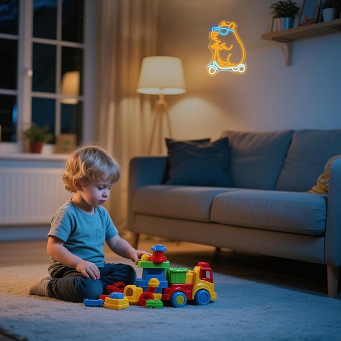 Cool Capybara Neon Sign Dimmable Cute Animal With Skateboard Led Signs for Wall Decor Cartoon Neon Night Sign for Bedroom Children's Room Party Holiday Birthday Decoration Capybara Fans Gifts
