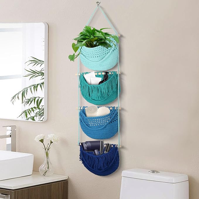 4 Tier Hanging Fruit Basket for Kitchen, 4 Pack Detachable Cotton Crocheted Wall Hanging Basket Over Door Organizer for Fruit Veggie Plant, Hanging Shelves for Bedroom Bathroom (Mixed Color)
