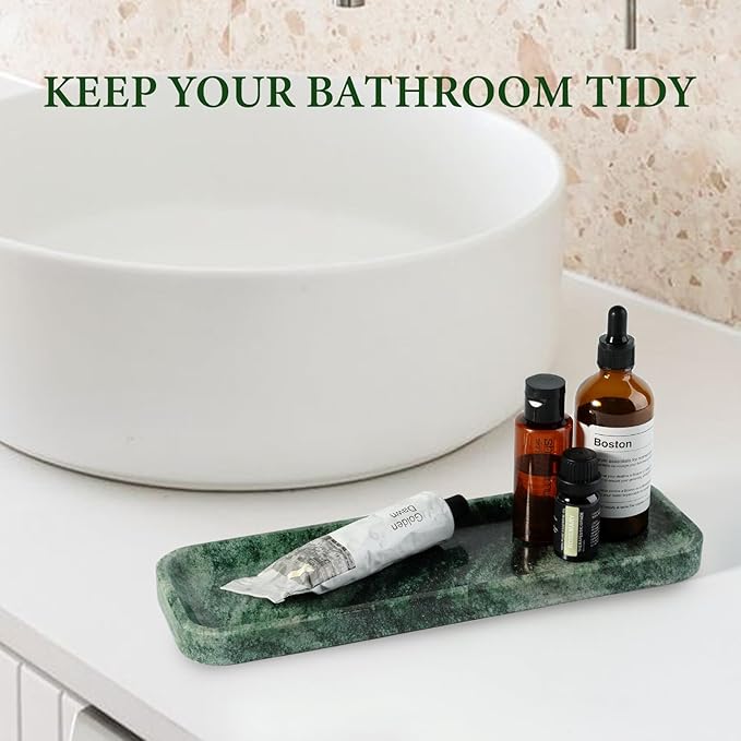 Koville Marble Tray for Bathroom Sink, 12"x4" Natural Stone Vanity Tray for Kitchen Dresser Countertop, Rectangular Decorative Marble Trays for Jewelry Perfume Trinket(Green)