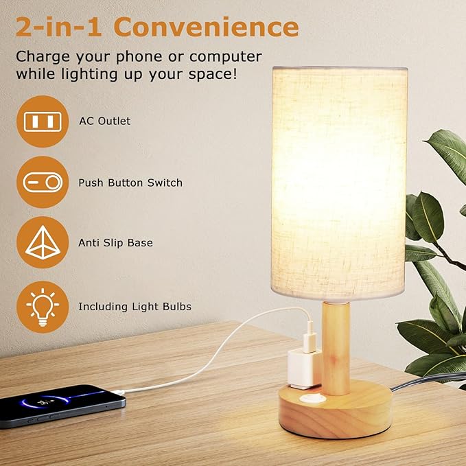 Small Bedside Table Lamp with AC Outlet, Natural Wood Base & Linen Shade, Mini Cute Cozy Warm White Nightstand Boho Lamp, Study Desk Night Stand Light for Bedroom, Kitchen, Nursery, Living Room