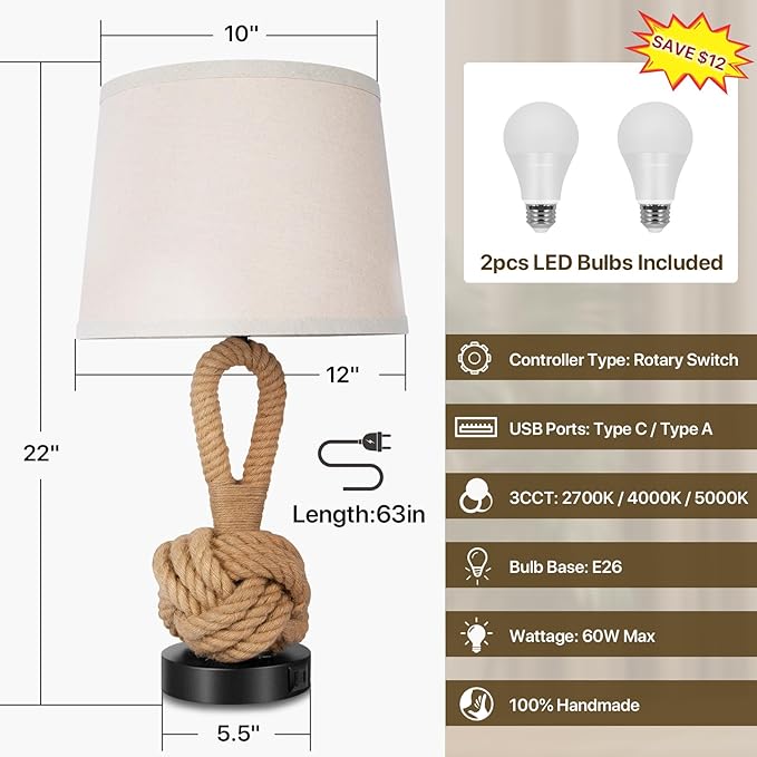 22" Rope Lamps for Night Stands, Bedside Lamps Set of 2, Boho Table Lamps for Living Room End Tables, 3-Color Temperatures Boho Lamp with Rotary Switch, Rattan Lamp with USB Ports, Bulbs Included