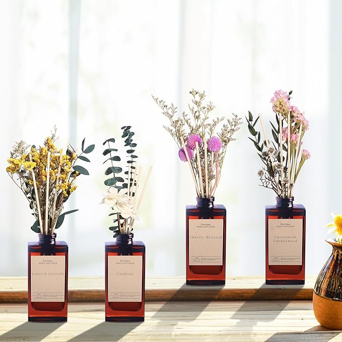 Reed Diffuser Set - Cherry Blossom Essential Oil, 5 oz/150ml Black Currant Aroma Scent Oils Bathroom Air Freshener with Flower Decoration and Diffuser Sticks, Home Fragrance for Room Decor