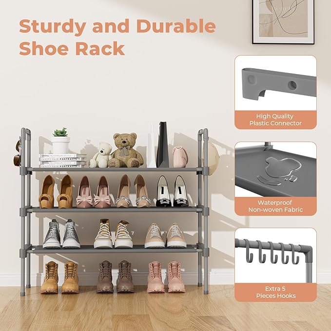 3 Tier Shoe Rack for Closet, Shoe Organizer with 5 Hooks, Long Shoe Shelf Storage for Shoe and Boot Stackable Free Standing Shoe Rack for Entryway, Garage, Small Spaces, Dorm, Grey