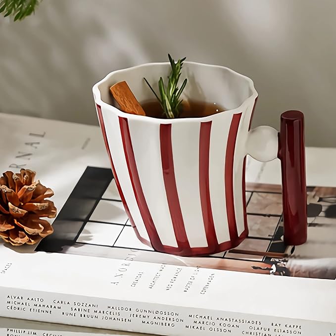 Red Ceramic Coffee Mugs, Handmade Coffee Mug Tea Cup for Office and Home, Artistic Coffee Mugs for Women for Mom, Red & White Mug for Christmas, 12 Oz