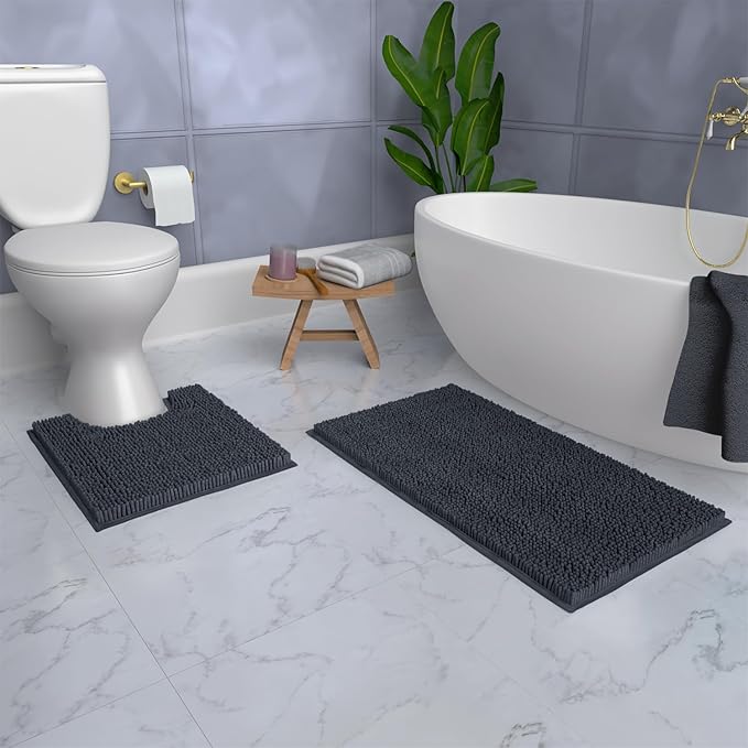 LuxUrux Bathroom Rugs Sets 2 Piece: Quick Dry, Soft Plush Anti-Slip, Super Absorbent. Includes Rectangular (31x20 inches) & U-Shaped Toilet Mat (20x20 inches) | Charcoal