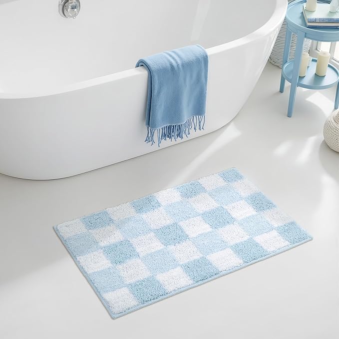 GRANNY SAYS Checkered Blue Bathroom Rugs, 32" x 20", Non-Slip Bath Mats for Bathroom, Plush Shag Absorbent Microfiber Ultra Soft Bath Mat, Cute Washable Rug for Tub, Shower, Bedroom