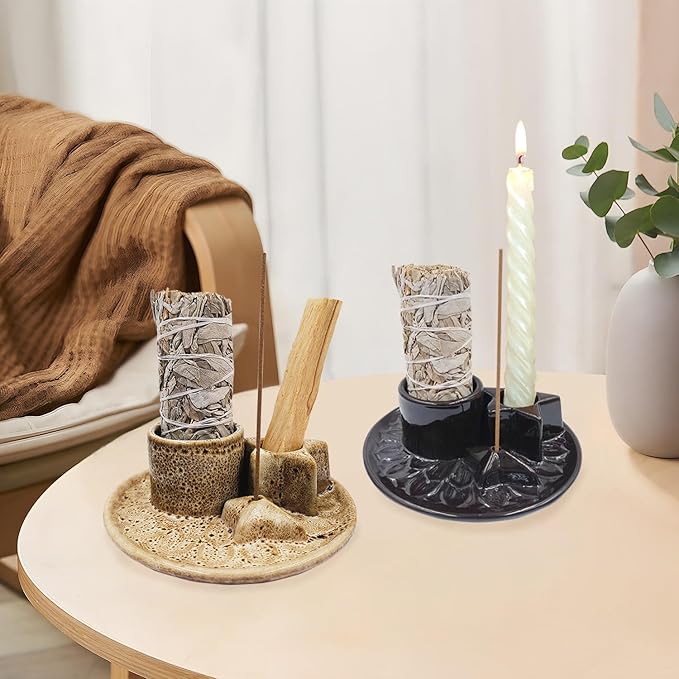 Sage and Palo Santo Holder,4 in 1 Incense Burner Holder for Sticks,Ceramic Sage Holder for Burning,Candle Holder,Ash Catcher Tray for Meditation Yoga,Black