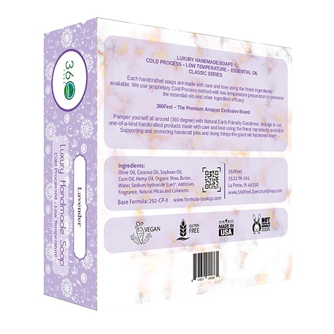 360Feel Lavender Soap -5oz Castile Handmade Soap bar - floral fragrance - Pure Essential Oil Natural Soaps- Great as Anniversary Wedding Gifts Christmas stocking stuffer