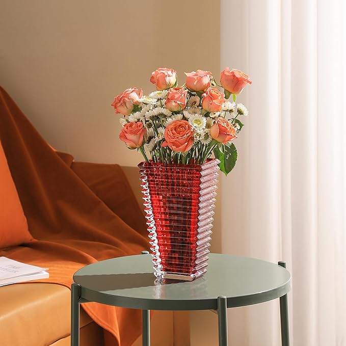 MCMCNCUIU Crystal Vase, Large Crystal Vases for Flowers, Large Flower Vase, Modern Red Vases for Living Room, Bedroom, Kitchen, Dining Table, Mantle, Wedding, 9 Inches