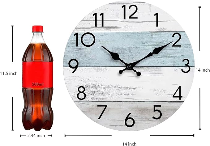 Wall Clock Silent Non-Ticking Wooden Clocks Battery Operated 14 Inch Small Country Retro Rustic and Beach Style Decorative for Living Room, Kitchen, Home,Bathroom, Bedroom (Blue)