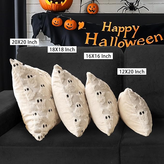 4TH Emotion Halloween Ghost Decorative Lumbar Pillow Covers 12x20 Set of 2, Beige Soft Plush Faux Fur Farmhouse Throw Cushion Cases for Fall Autumn Holiday Home Decorations