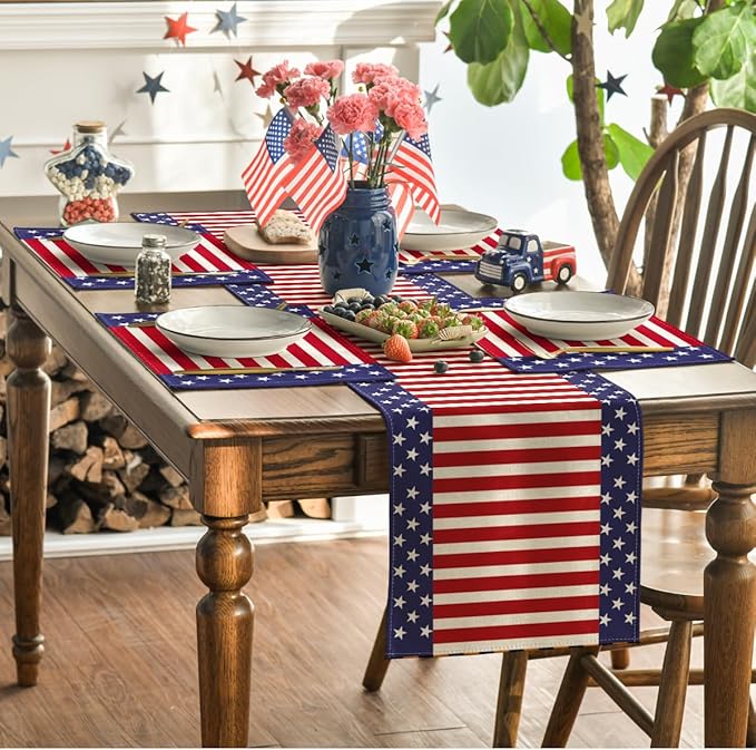 Artoid Mode Watercolor Stripes and Stars 4th of July Placemats Set of 4, 12 x 18 Inch Patriotic Memorial Day Seasonal Holiday Table Mats for Dining Table Decoration