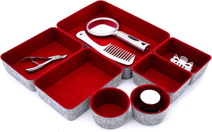 Welaxy Drawer organizers trays felt storage bins drawers dividers organizer boxes for office home interior cozy decor Gifts pack 7-pieces (Maroon)