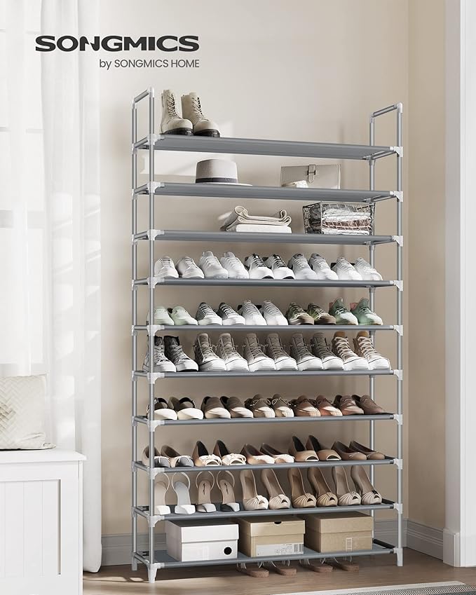 SONGMICS 10-Tier Shoe Rack, Shoe Storage for Hallway Closet, Slim and Space-Saving, Metal Frame, Non-Woven Fabric Shelves, Grey ULSR10G
