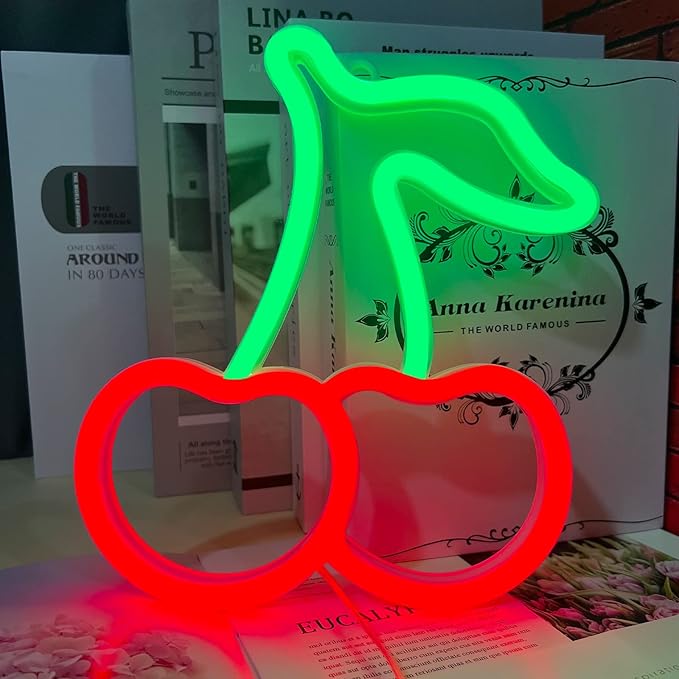 Cherry Neon Sign, Red Green Cherries Neon Lights, Cherry Neon Signs for Wall Decor, Cute Fruits LED Signs for Kids Room,Restaurant,Bar,Fruit Shop,Home Green+Red