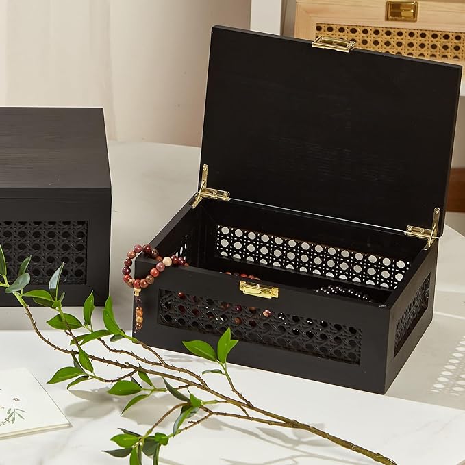 Decorative Rattan Storage Boxes Solid Wood Woven Baskets Bins with Lid Keepsake Memory Jewelry Box Natural Boho Shelf Wicker Closet Desk Organizer Container (Black, Large Size)