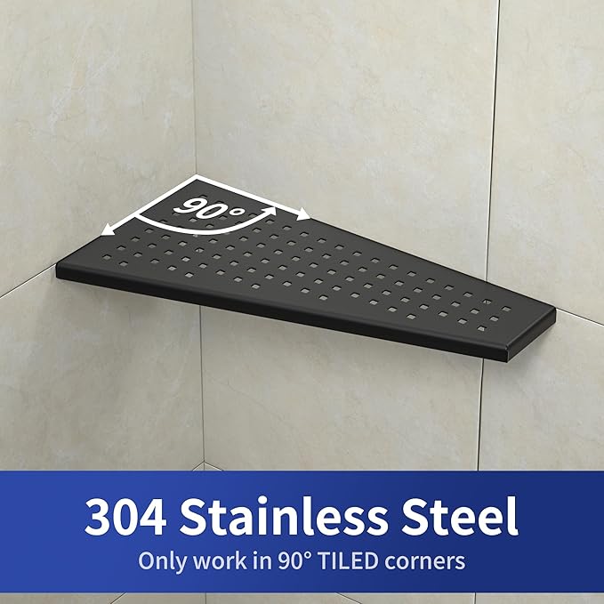 Corner Shower Shelf 2PCS, Trapezoid Bathroom Shelves 12'' for Tiled Wall, 304 Stainless Steel Grout in Shelf, No Drilling Needed (Black)