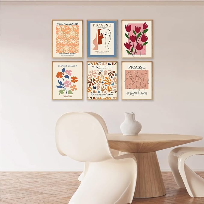 Flower Market Posters Set of 6, Abstract Flower Market Wall Art Prints Exhibition Poster Set, Vintage Matisse Print Picasso Print William Morris Painting Pictures, Boho Room Decor(8x10inch, Unframed)