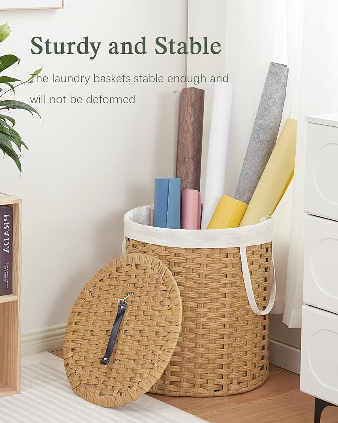 Laundry Hamper with Lid Wicker Laundry Hamper Round 26.5 Gal (100 L) Laundry Basket Handwoven Rattan Laundry Basket with Removable Bag Handles 2 Mesh Bags for Living Room Bedroom Natural