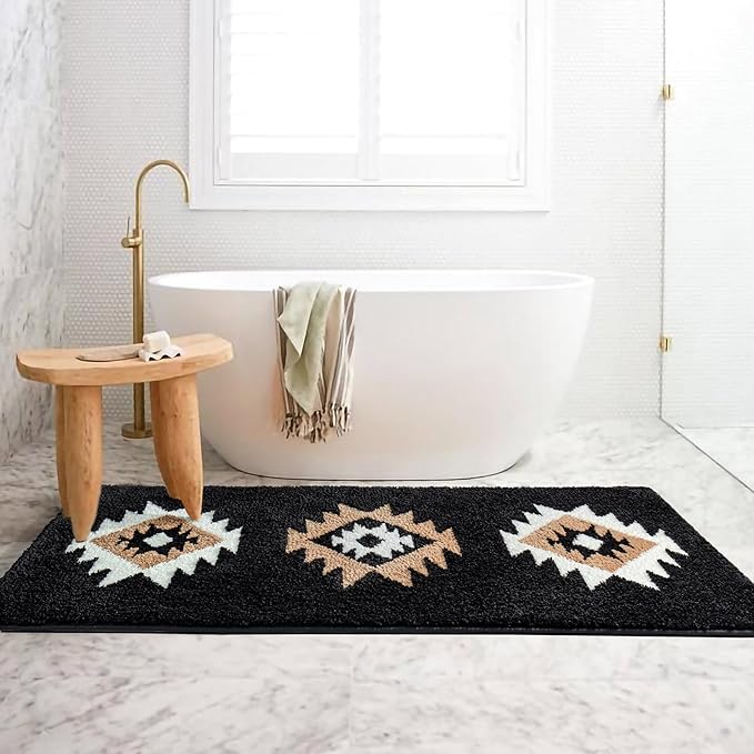 DEXDE Boho Bathroom Runner Rugs 20x72, Long Bath Mats for Bathroom Bedroom Hallway Kitchen Luxury Soft Absorbent Large Bath Rugs Modern Geometric Carpet Western Farmhouse Carpet, Black White