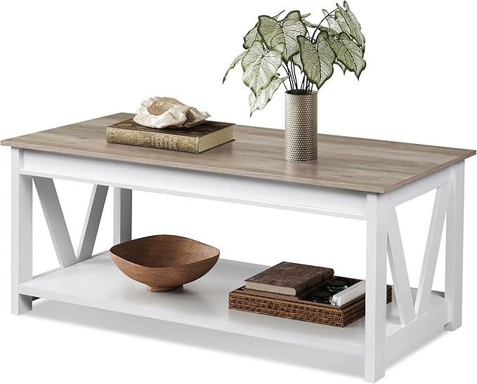 WLIVE Coffee Table, 43" Farmhouse Coffee Table with Storage Shelf & Sturdy V-Shaped Support, Wood Center Table for Living Room, Bedroom, Office and Balcony, White