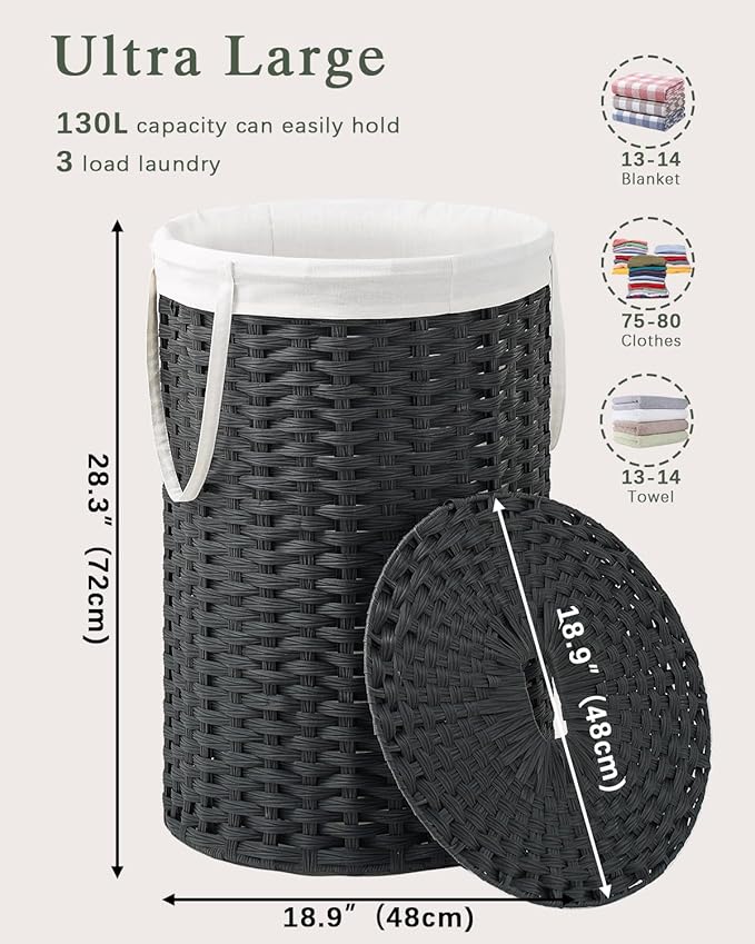 Large Laundry Hamper Laundry Basket Round 34.3 Gal (130 L) Handwoven Wicker Laundry Baskets Rattan Laundry Basket with Laundry Bag Handles 2 Mesh Bags for Living Room Bedroom Black