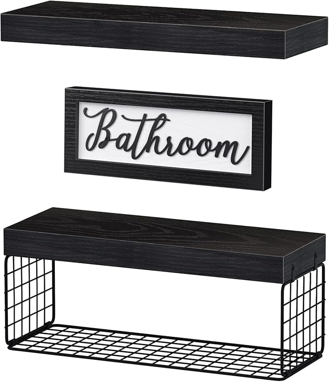 QEEIG Bathroom Shelves Over Toilet - Paper Storage Wall Mounted Farmhouse Decor Decorations Aesthetic Décor Sign Small Floating Shelf 2+1 Set 16 inch, Black (020B)