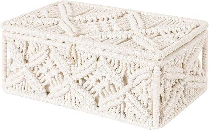 ANMINY Macrame Storage Basket with Lid & 25Pcs Organza Gift Bags Bohemian Jewelry Box Handmade Woven Natural Cotton Rope Lidded Bin Decorative Desktop Organizer Countertop Tank Shelf Cabinet Container