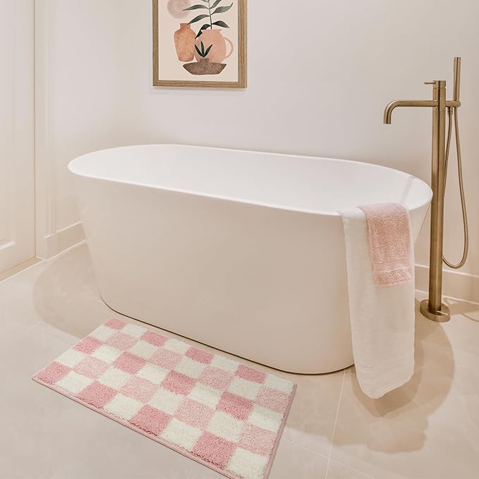 GRANNY SAYS Checkered Pink Bathroom Rugs, 24" x 16", Fluffy Rug, Absorbent Microfiber Ultra Soft Bath Mat Washable, Non-Slip Bath Mats for Bathroom, Cute Floor Mat for Tub, Shower, Bedroom