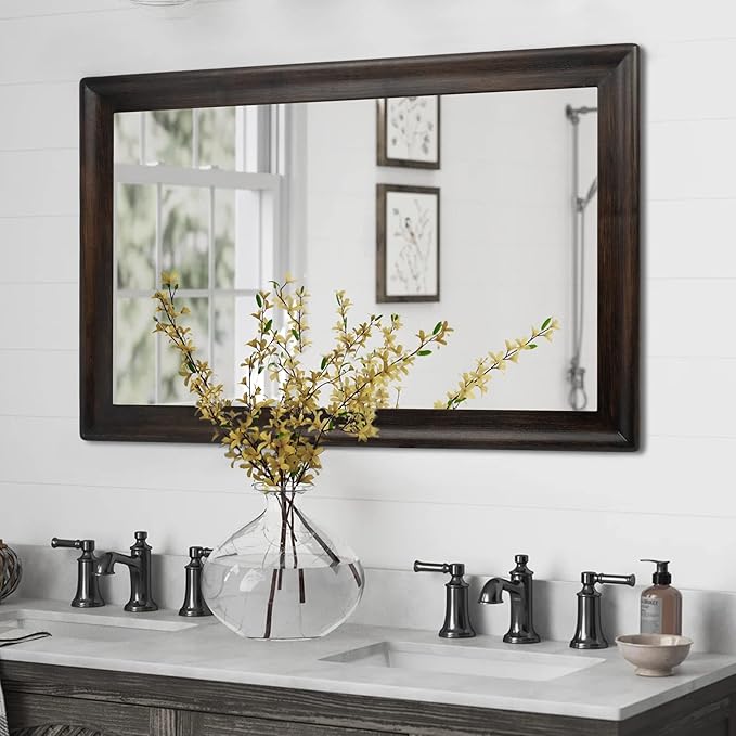 CULER Rustic Wood Wall Mirror for Bathroom,Rectangle 24 x 36 inch Hanging Black Mirrors with Wooden Frame for Living Room,Bedroom,Entryway(Dark Walnut)