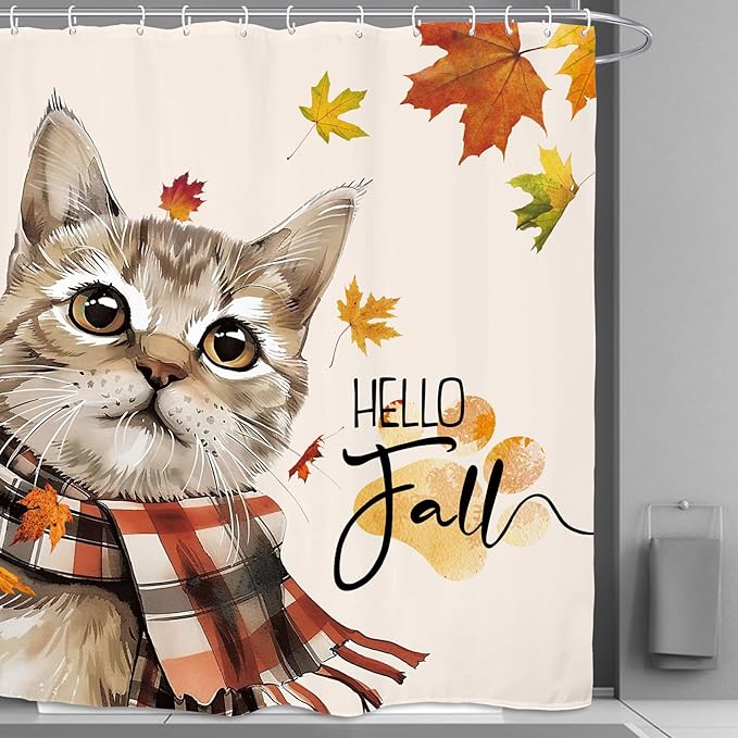 Autumn Funny Shower Curtain 60Wx72L Inch Cute Cat Hello Fall Maple Harvest Pet Seasonal Lovely Thanksgiving Bathroom Set Accessories Decor with 12 Pack Hooks